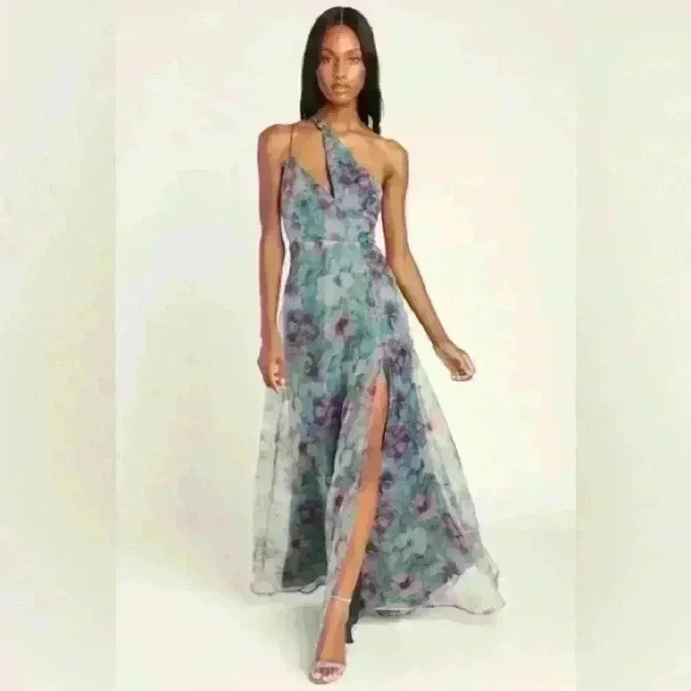 NWT Lulus Garden of Glamour Green Floral One-Shoulder Maxi Dress Cocktail Small
